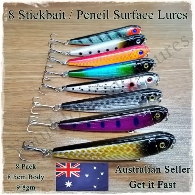 8 Fishing Lures Stick Bait Popper Topwater Hard Body Pencil Surface Fishing Lure