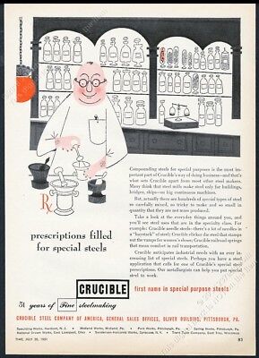 1951 Farmacéutico Combinar Drogas Arte Crucible Steel Vintage Estampado Anuncio