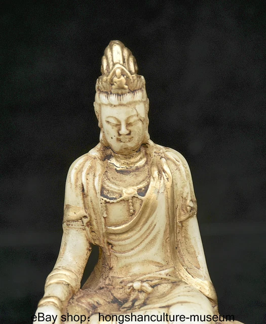 6.4 " Ancient China White Jade Gilt Buddhism Guanyin Kwan-Yin Buddha Statue 2