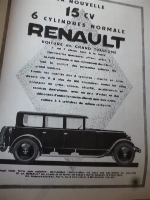 RENAULT 15 CV 6 cylindres 51 + AU BUCHERON publicité papier ILLUSTRATION 1927