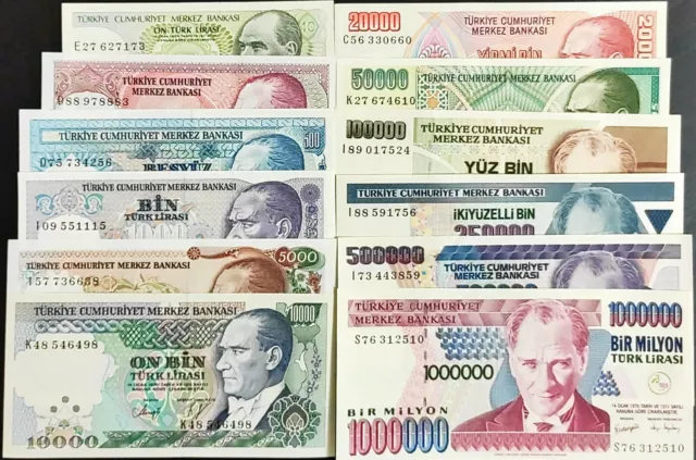 TURKEY,  7.th Emission Set, 10 to 1 Million Lira, 12 PCS, 1982-2002, UNC