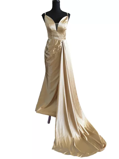 Gold Satin Mermaid Formal Dress V-Neck w/ Straps Gown Sweep Train High Slit 6-10