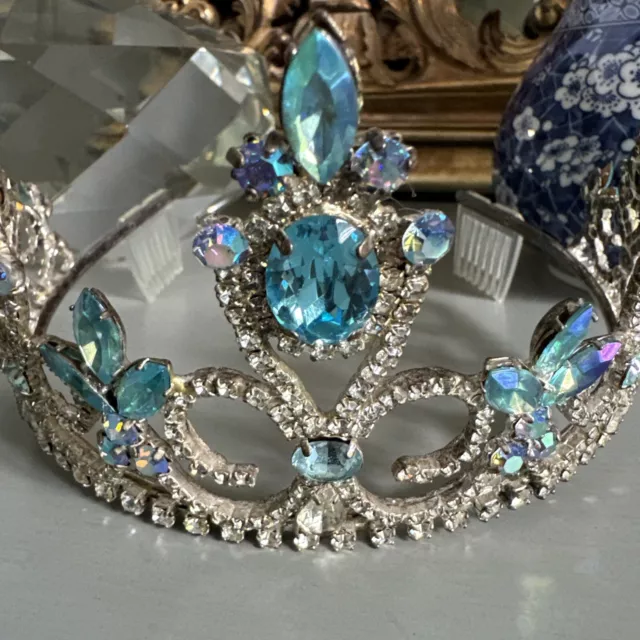 Vintage Tiara Rhinestone Crown headpiece  distressed Aqua glam