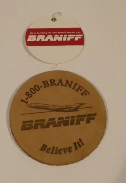 Braniff Airlines Airways Leather Coaster And Unused Bag Tag Lot Of 2