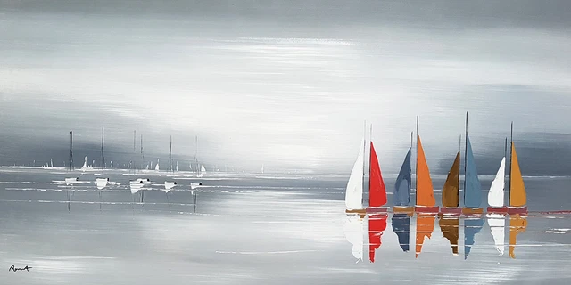 PEINTURE MARINE tableau peinture sur toile, bateaux en mer tableau déco ton gris