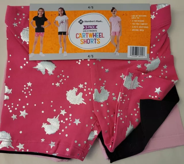 NEW Members Mark Girls Size 4/5 Unicorn Playground Cartwheel Shorts 3-Pack