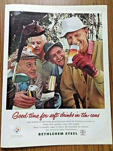 1965 Bethlehem Steel Can Ad Soft Drinks Old Guys Golfing Theme