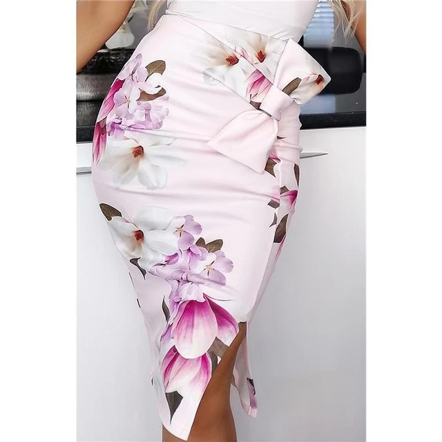 Ginocchio Donna Gonna a Matita Con Stampa a Fiori Rosa #RO465