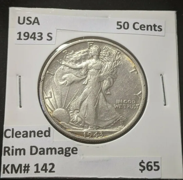 USA 1943 S Half Dollar 50 Cents  KM# 142 Cleaned Rim Damage #088       10C