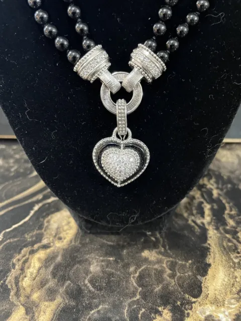 Judith Ripka Sterling Silver Onyx Cz Heart Pendant/Enhancer (Necklace Separate)