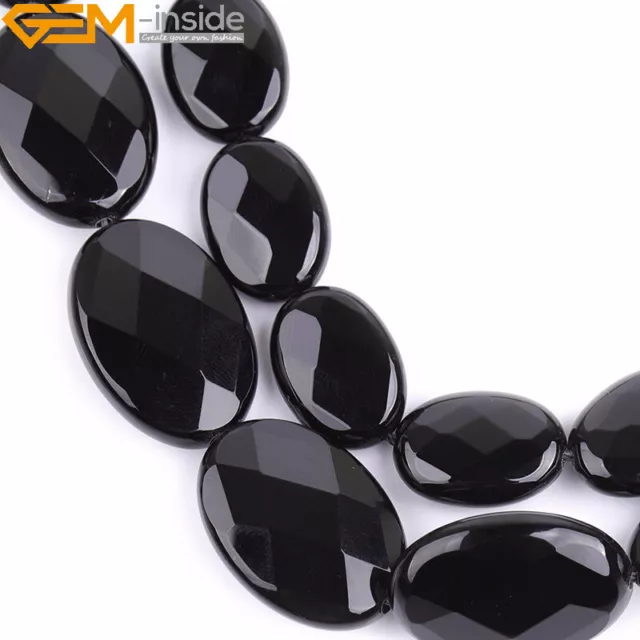 Natural Black Agate Gemstone Loose Beads For Jewelry Making 15" Oval Faceted