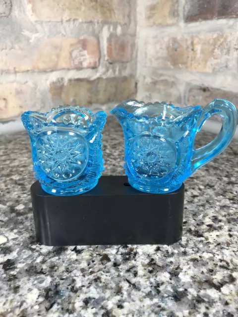Vintage L E Smith Glass AQUA BLUE RINGED STAR Sugar & Creamer Set Sawtooth Edge