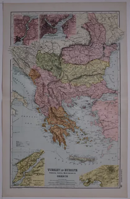 1910 Original Map Turkey In Europe Rumania Servia Montenegro Greece Bosporus
