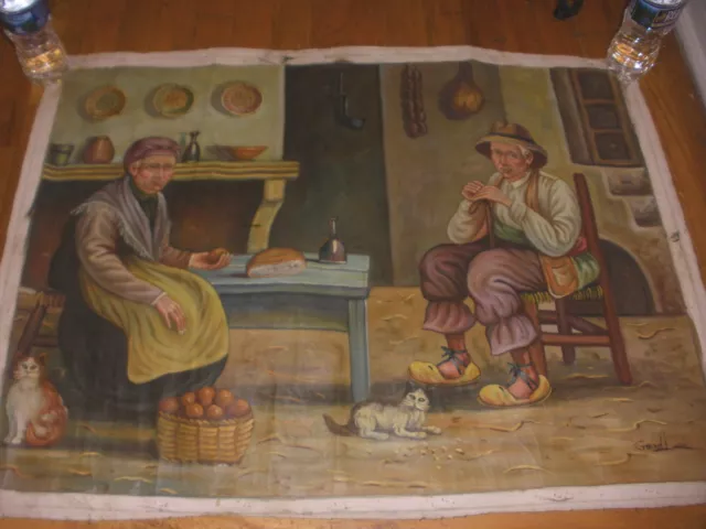 Nice vintage oil painting old man & woman w/ cats interior scene mystery artist