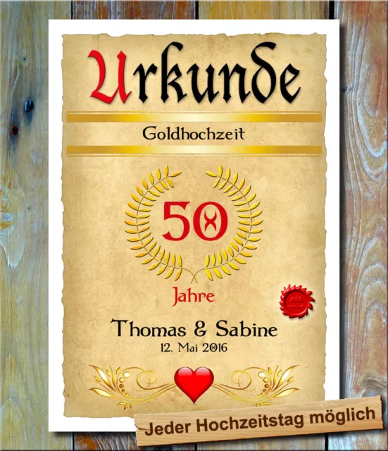 Goldhochzeit Urkunde 50. Hochzeitstag Geschenk Jubiläum Dekoration Feier NEU