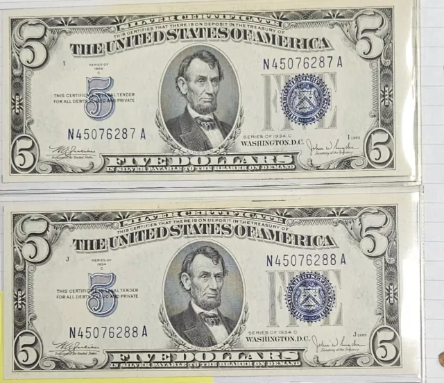 DUO (2 CONSECUTIBE NOTES) 1934 C USA Silver Certificate $5 Dollars  Blue Seal