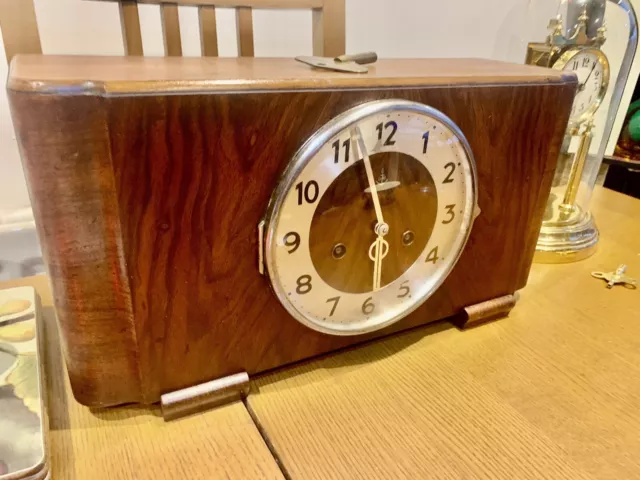 Beautiful 1935 Art Deco Large Gustav Becker Mantel Clock  Solid Walnut Case 3