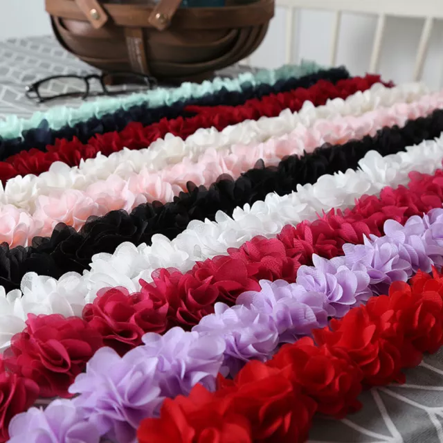 1 Yard Multicolor 3D Chiffon Flowers Lace Trim Ribbon DIY Wedding Dress Supplies