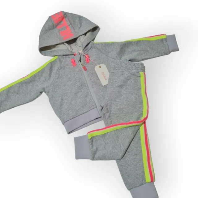Set jogger felpa con cappuccio e cerniera per ragazze, età 3 anni, grigio neon nuova con etichette