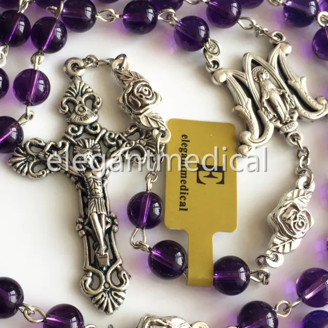Rare Amethyst Rose Beads Mary Rosary Italy Cross Crucifix Catholic Necklace Box