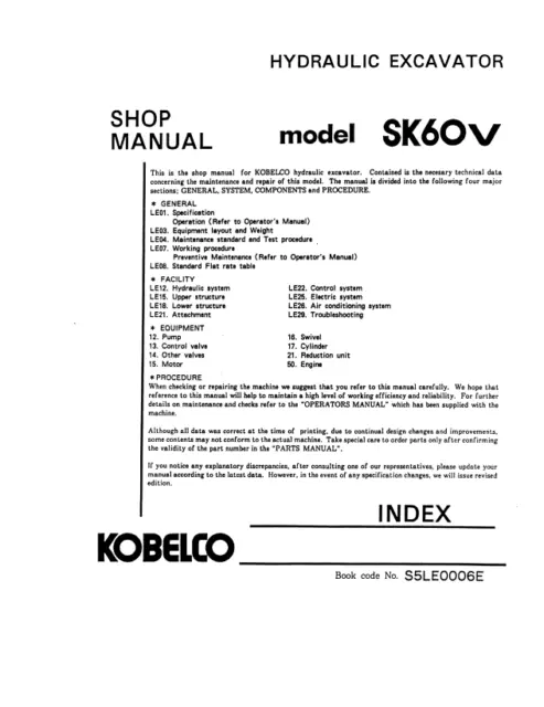 Kobelco Sk60V Hydraulic Excavator Service Manual Comb Binded