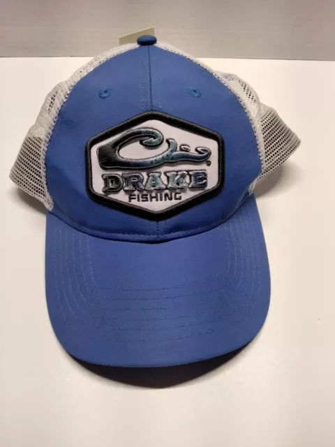 Drake Fishing Mesh Adjustable Baseball Cap Trucker Hat Blue/White Logo Embroider