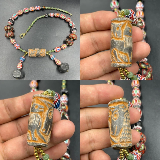 Beautiful Old Mosaic Glass Beads With Ancient Cylinder Seal Stamps Necklace