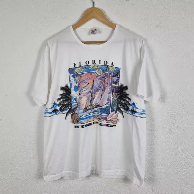 Vintage 90s Florida T Shirt Mens XL White Single Stitch USA Tourist Boat Graphic