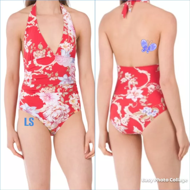 NWT ELLE SPORT Swimsuit Silver Pink Mesh Waist Halter Neck Tummy Control L  14 $11.48 - PicClick