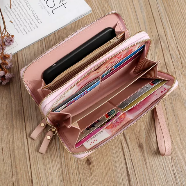 Women's Double Zipper Long Handbag Leather Wallet Phone Holder Clutch Purse US