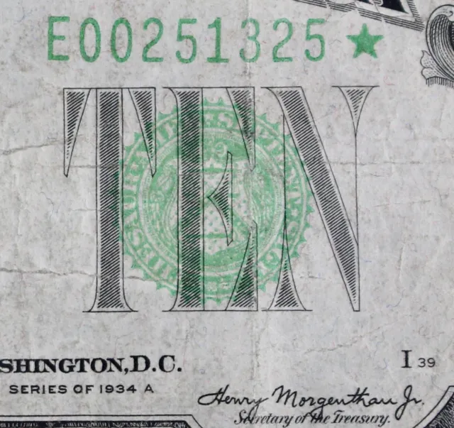 $10 1934A Star Mule Federal Reserve Note E00251325* series A, bp 576, ten dollar