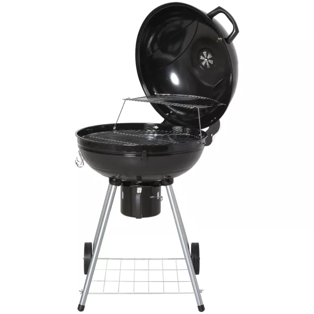 Outsunny Charcoal BBQ Grill, Outdoor Portable Cooker For Camping Or Backyard Picnic, Barbecue Grill With Side Table, Bottom Storage Shelf, Wheels And Handle, Black