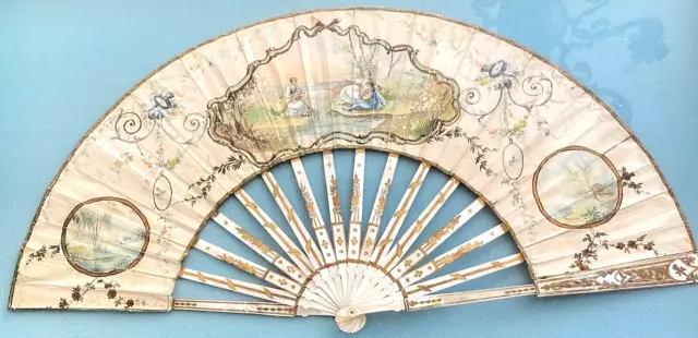 Antique 18th to 19th C Hand Painted Paper Fan Pearl Sticks in Gilt Frame  WW319