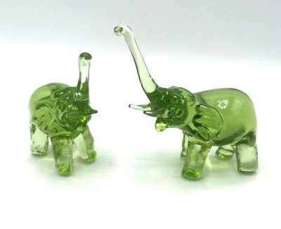 Pair of Green Glass Elephants Vintage Beautiful Herd of Two Pachyderms