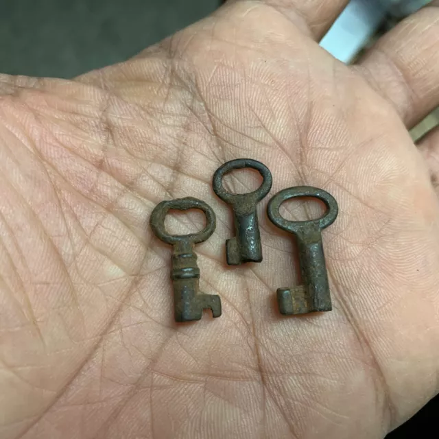 An iron small miniature padlock lock Ornate rustic key Rare shape, 3 Pieces.