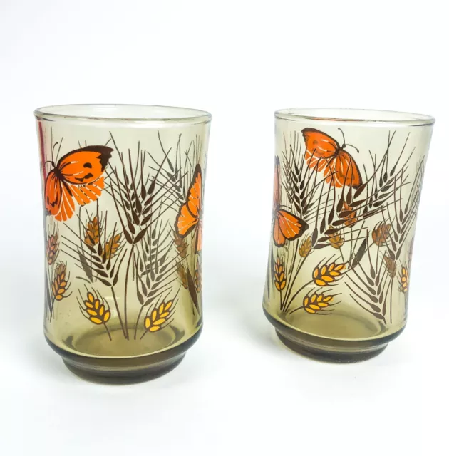 2 Vintage Monarch Butterfly Libbey Juice Glasses Wheat Design Smoke Glass 3.75"
