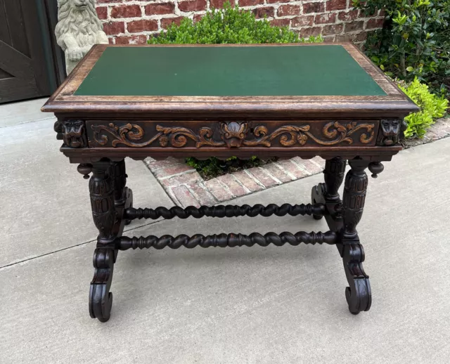 Antique English Desk Table with Drawer Oak Leather Top Barley Twist PETITE 2