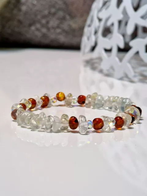 Edel Topas + Bernstein und Swarovski Kristall Perlenarmband Länge 17cm