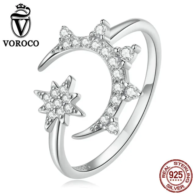 Fashion unique 925 Sterling Silver Star Moon Wedding Ring Women Jewelry VOROCO