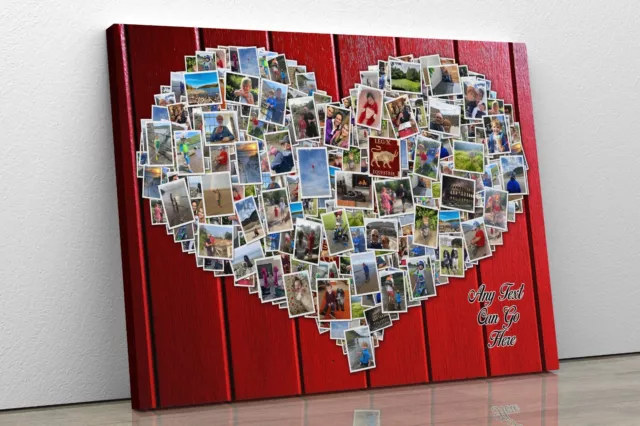 Heart Shape Collage Personalised Red Wood Photo Picture To Canvas Art Print
