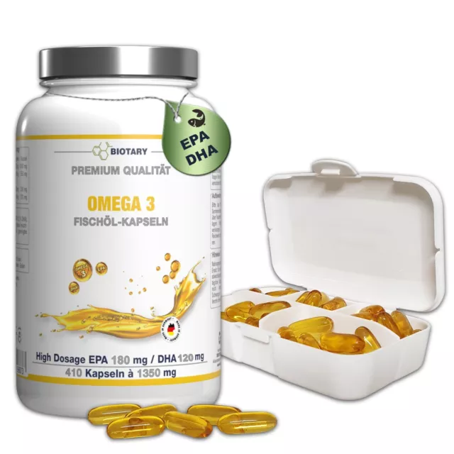 Omega 3 Fischöl 410 Softgel Kapseln, INKLUSIVE PILLENBOX