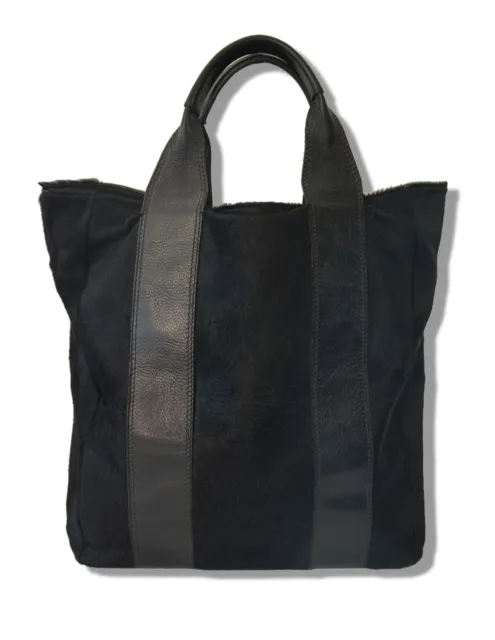 BARNEYS NEW YORK XL Leather Trimmed Black Calf Hair Tote Bag