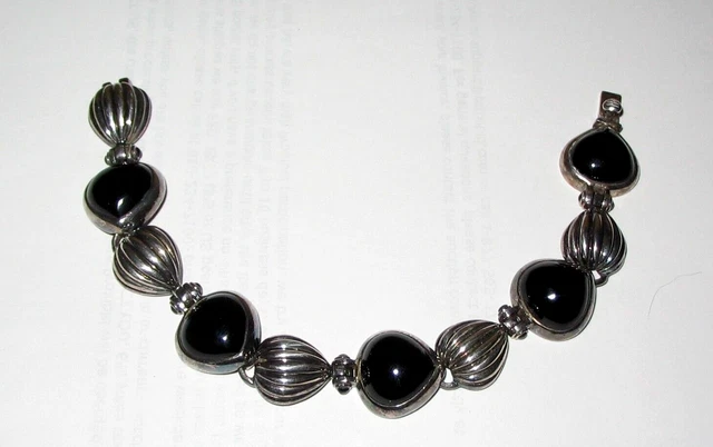 925 TH Sterling Silver Vintage Taxco Mexico Black Onyx Gem Link Bracelet 8"