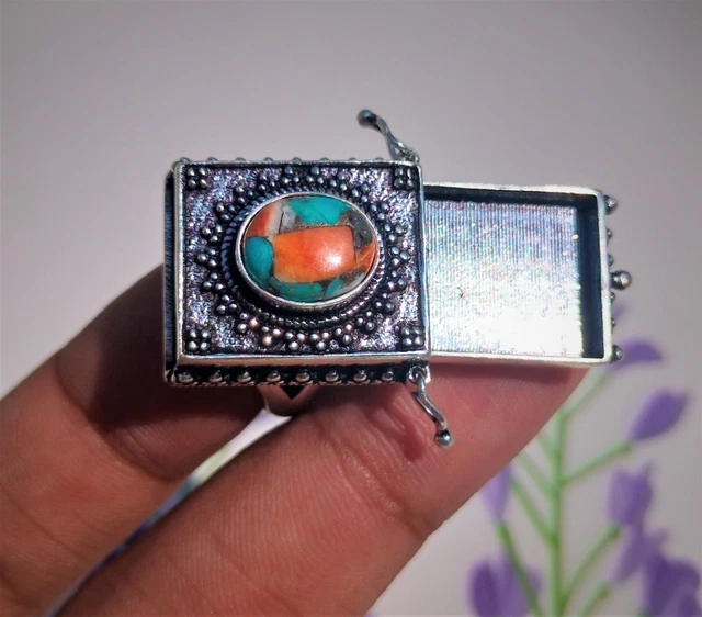 Oyster Turquoise 925 Silver Plated Poison Ring Natural Blue Gemstone Size 7 US