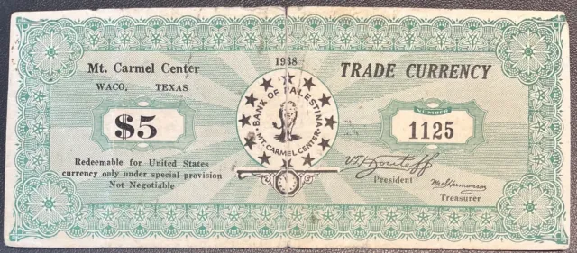 5 Dollars Trade Currency Bank of Palestina Waco Texas 1938 Mt. Carmel #59199