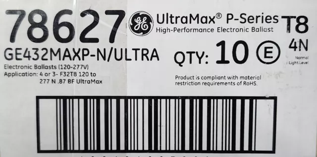 10 Pack GE Ultramax G-Series T8 4N GE432MAX-G-N 120-277V REL-4P-ICN T8 Ballast