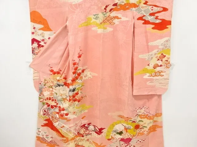 11372# Japanese Kimono / Antique Furisode / Mon Kinsha / Embroidery / Flower Car