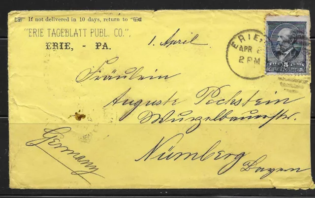 Us 1889 Transatlantic Cover Erie Pa To Germany Franked Sc#216