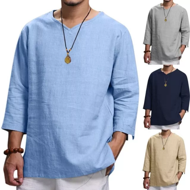 Mens Cotton Linen Long Sleeve Shirts Summer Casual V-Neck Pullover T-Shirt Tops