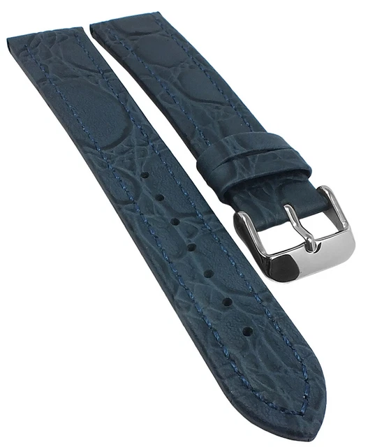 Bracelet Montre Cuir Véritable Grain Croco Bleu Très Foncé - Largeur 18mm, Boucle Ardillon, Neuf
